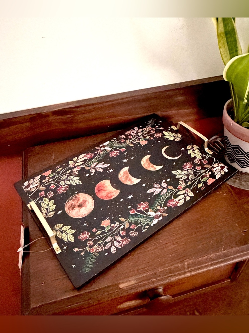 Moonlit Garden Moon Phases Dark Floral Serving Tray Gold Handles NEW Boho Goth